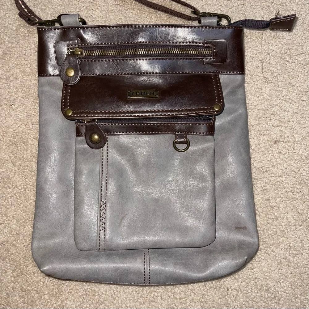 Chala Handbags Gray Brown Crossbody Bag Faux Leather Multi Pocket Boho Casual
